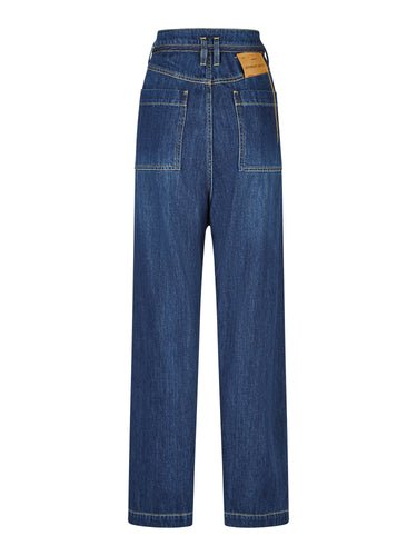 Back view of blue denim pants with waist tie from Annette Görtz on a white background