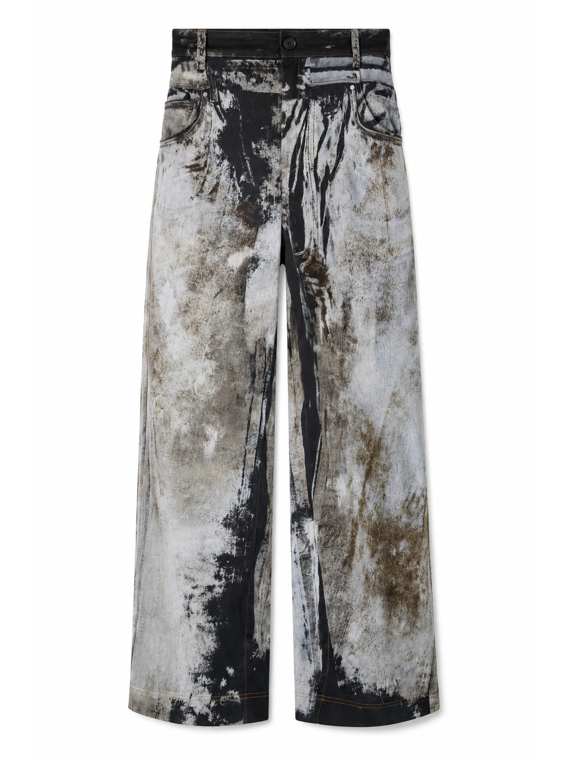 Annette Görtz viscose silk wide-leg trousers with distressed denim trompe-l'œil print, front view, flat lay