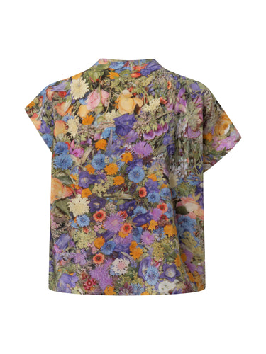 Asym Top in Print G by Anntian, back view of relaxed-fit organic silk floral print top with short sleeves, all-over botanical print in vibrant multicolour palette, Spring/Summer 2026