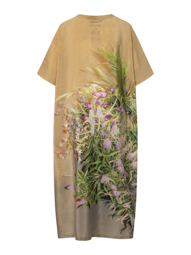 Big Shirt in Print B by Anntian, back view of oversized maxi-length organic silk piece with botanical photographic print in sand and khaki tones, short sleeves, Spring/Summer 2026