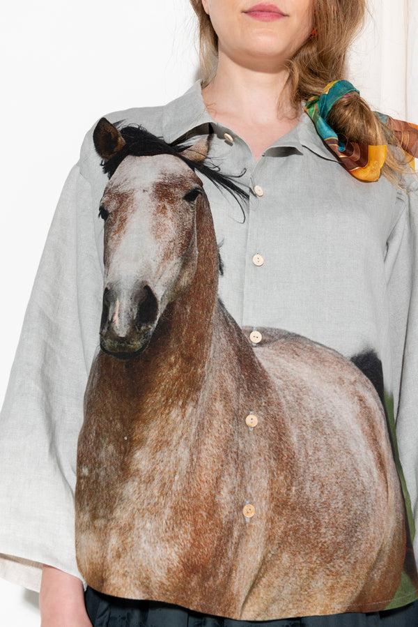 Anntian - linen shirt in digital brown horse print - 4