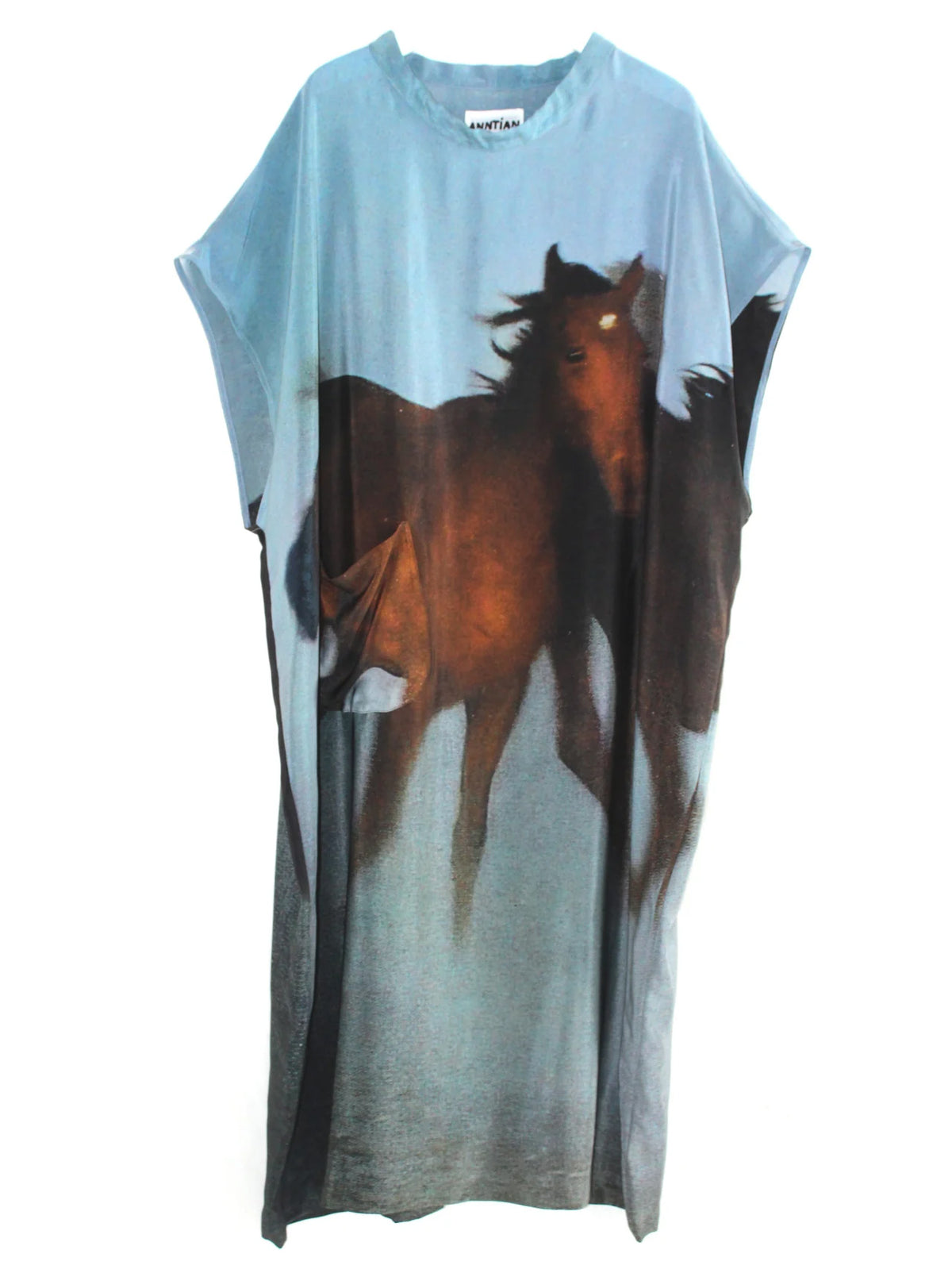 Anntian Overdress in Print H, front product view showing the oversized silhouette and large horse print in blue and brown tones.