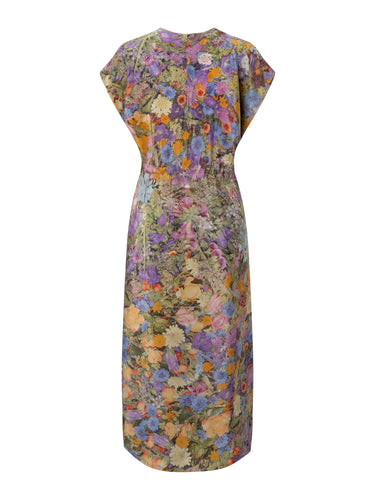 Simple Dress in Print G by Anntian, back view of organic silk midi dress with all-over botanical floral print, cap sleeves and back zip fastening, Spring/Summer 2026