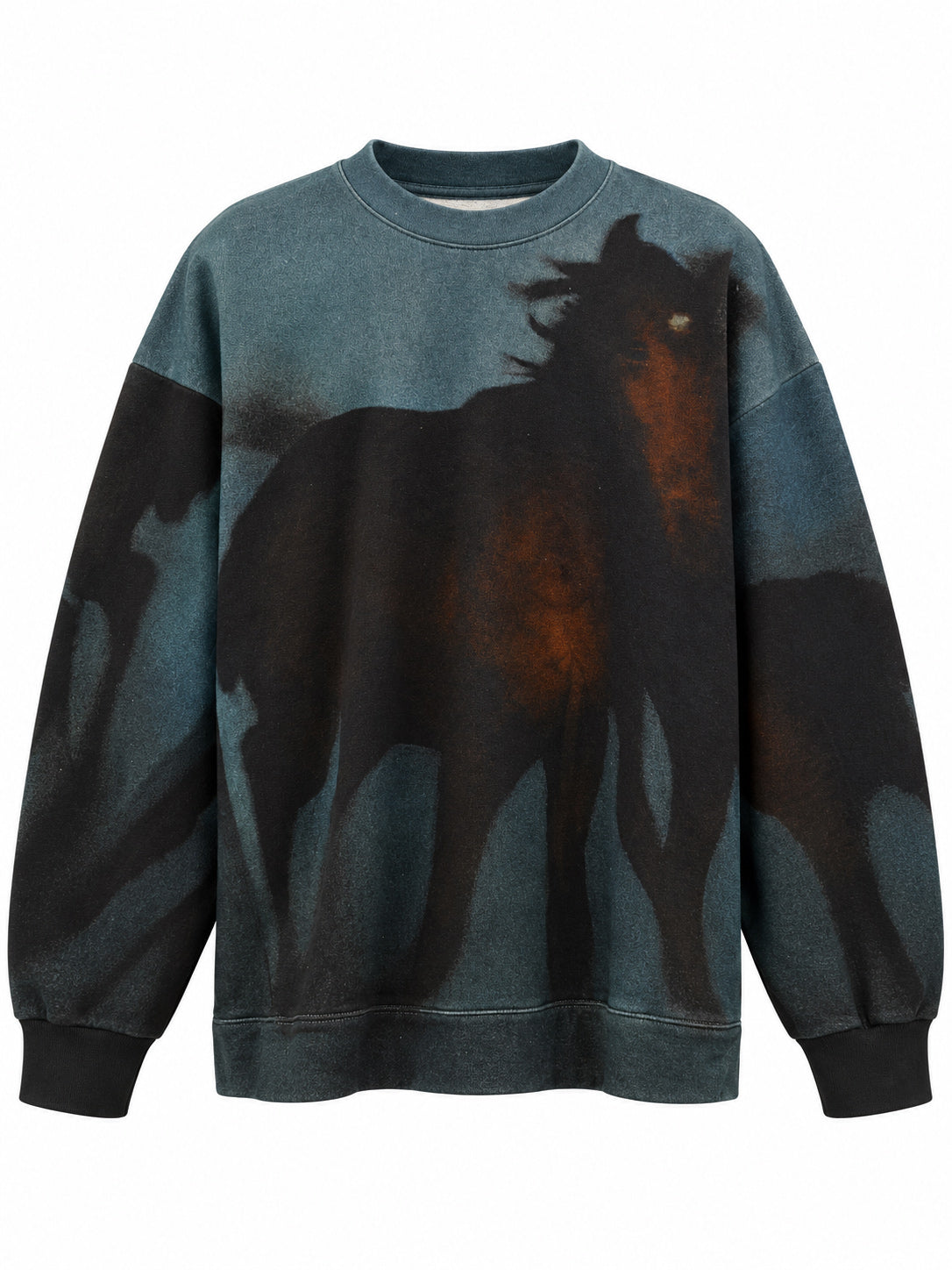 Anntian Unisex Sweater Print H, front view featuring an allover horse print, crew neckline and ribbed trims.