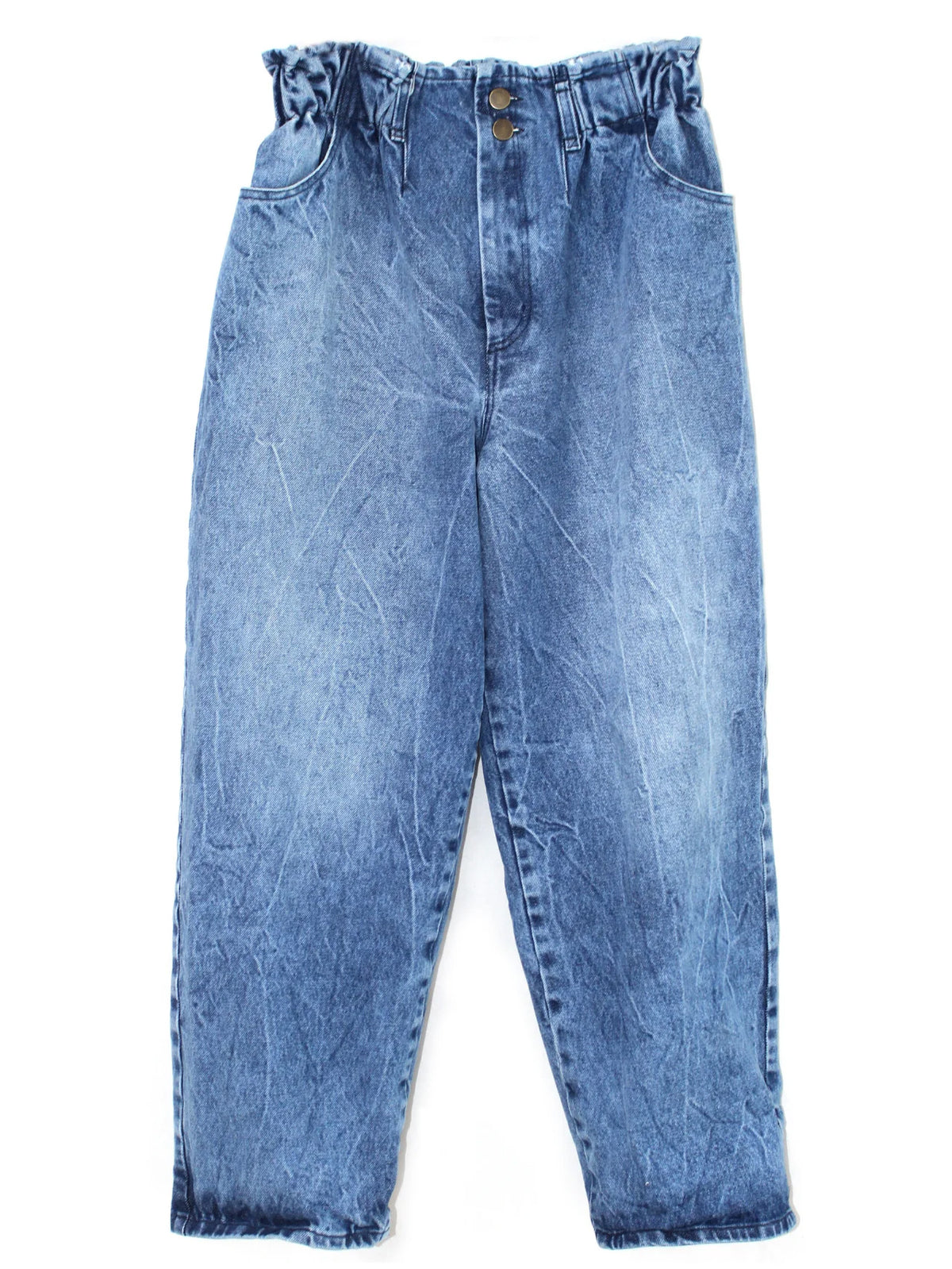 Anntian Women Jeans in Jeans Stonewash, front product view showing the relaxed tapered silhouette, gathered waistband and double button fastening.