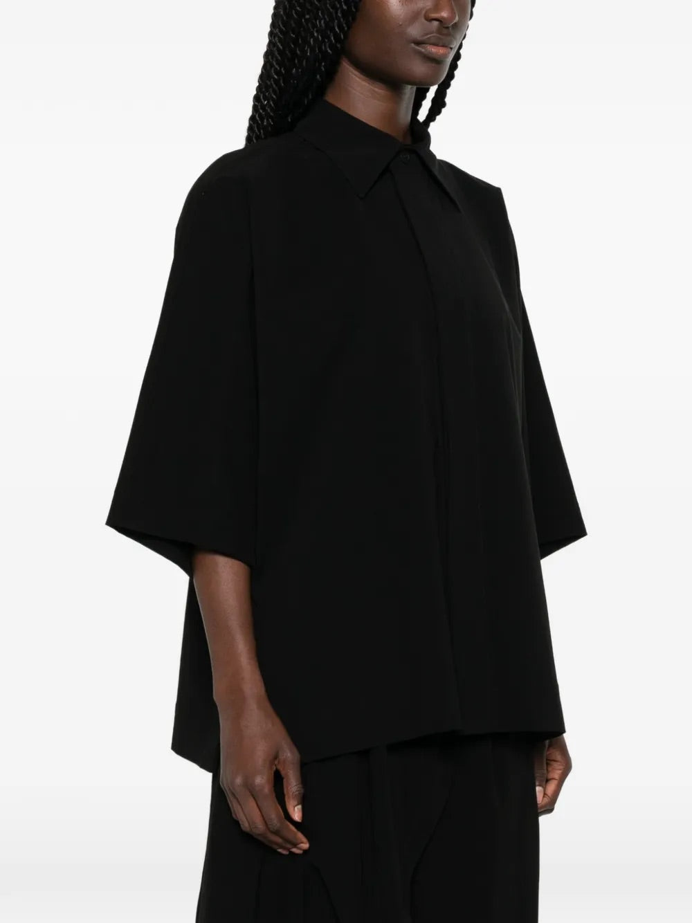 Issey Miyake April SS26 Looped Shirt in Black worn on model side view