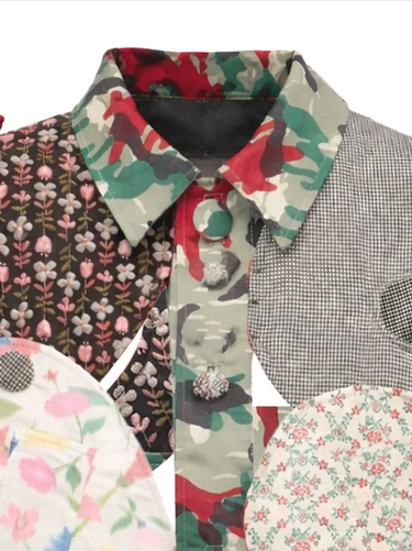 Walter Van Beirendonck patchwork blazer detail of mixed fabric and appliqué