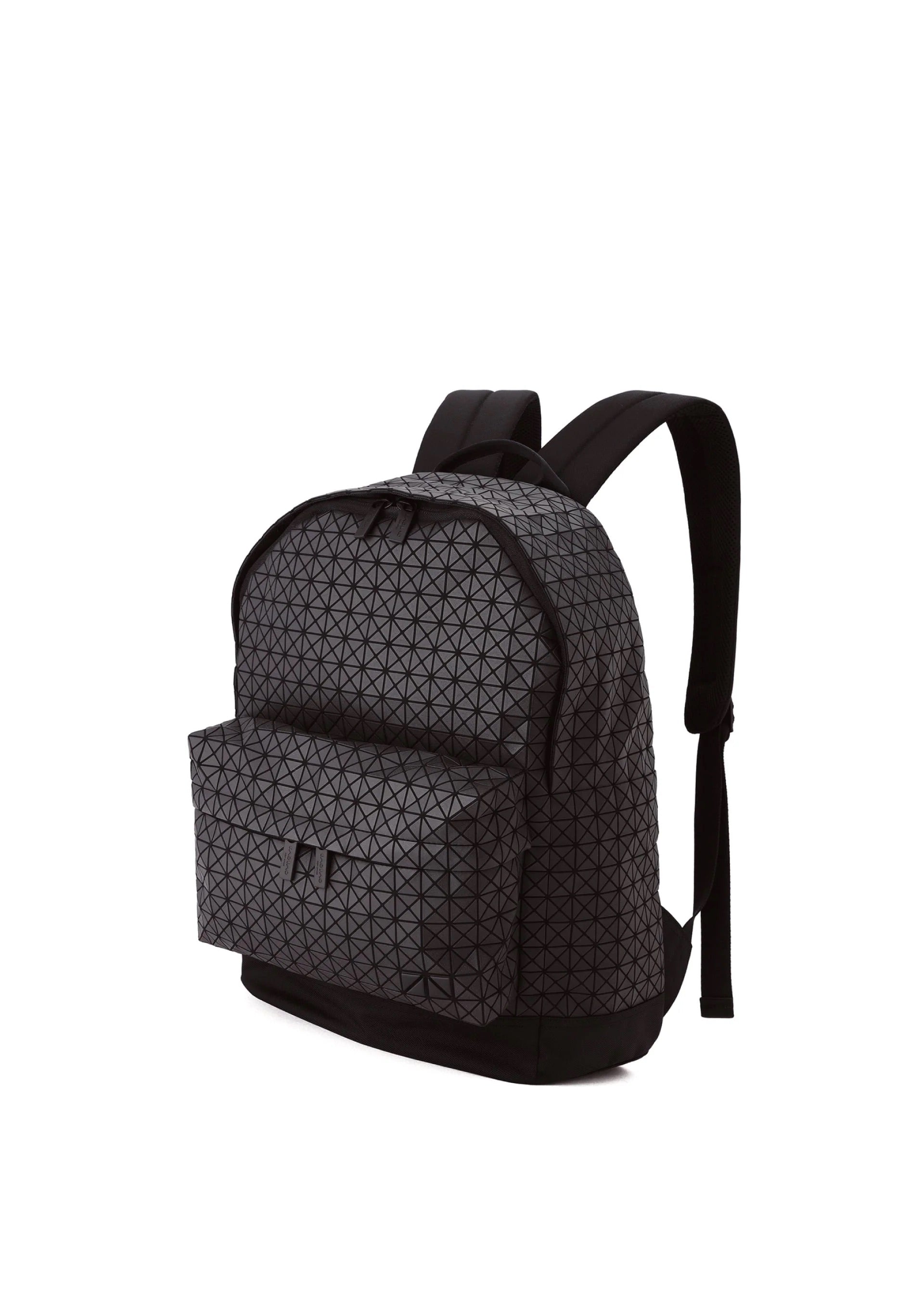 Angled view of Bao Bao Issey Miyake Kuro Daypack in matte black showing geometric panel design, rounded backpack shape and side profile