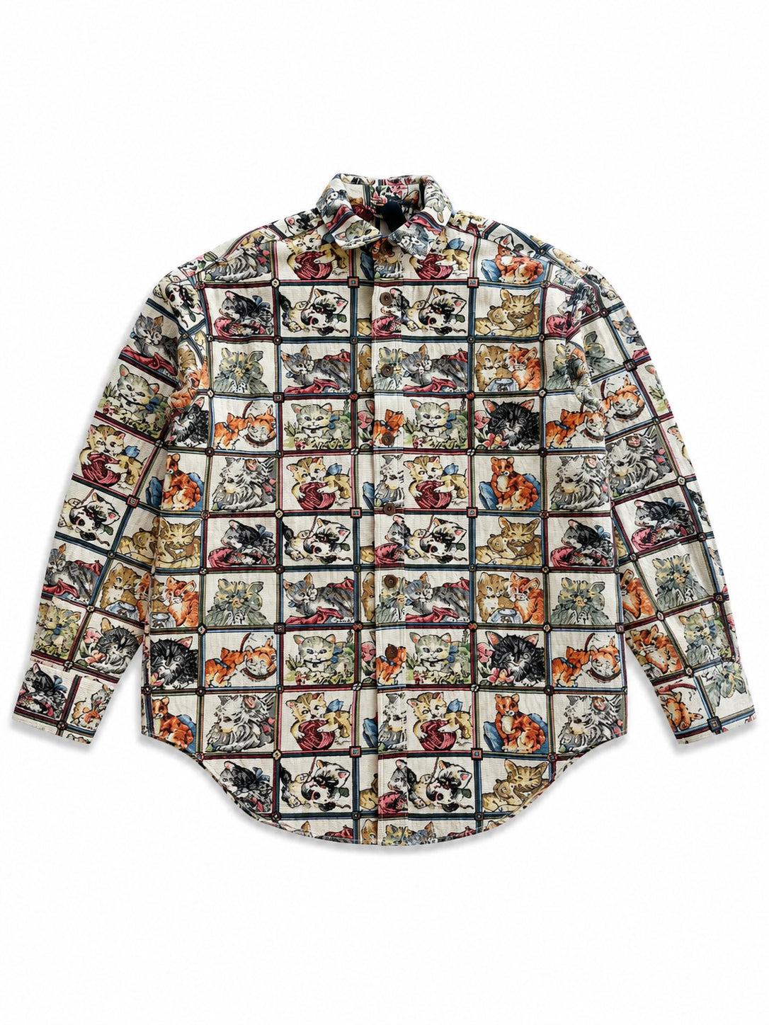KAWAKEY “Cat Heaven” Baggy Shirt in Cottage Cats shown flat with an all-over illustrated cat motif, classic collar, long sleeves and curved hem.