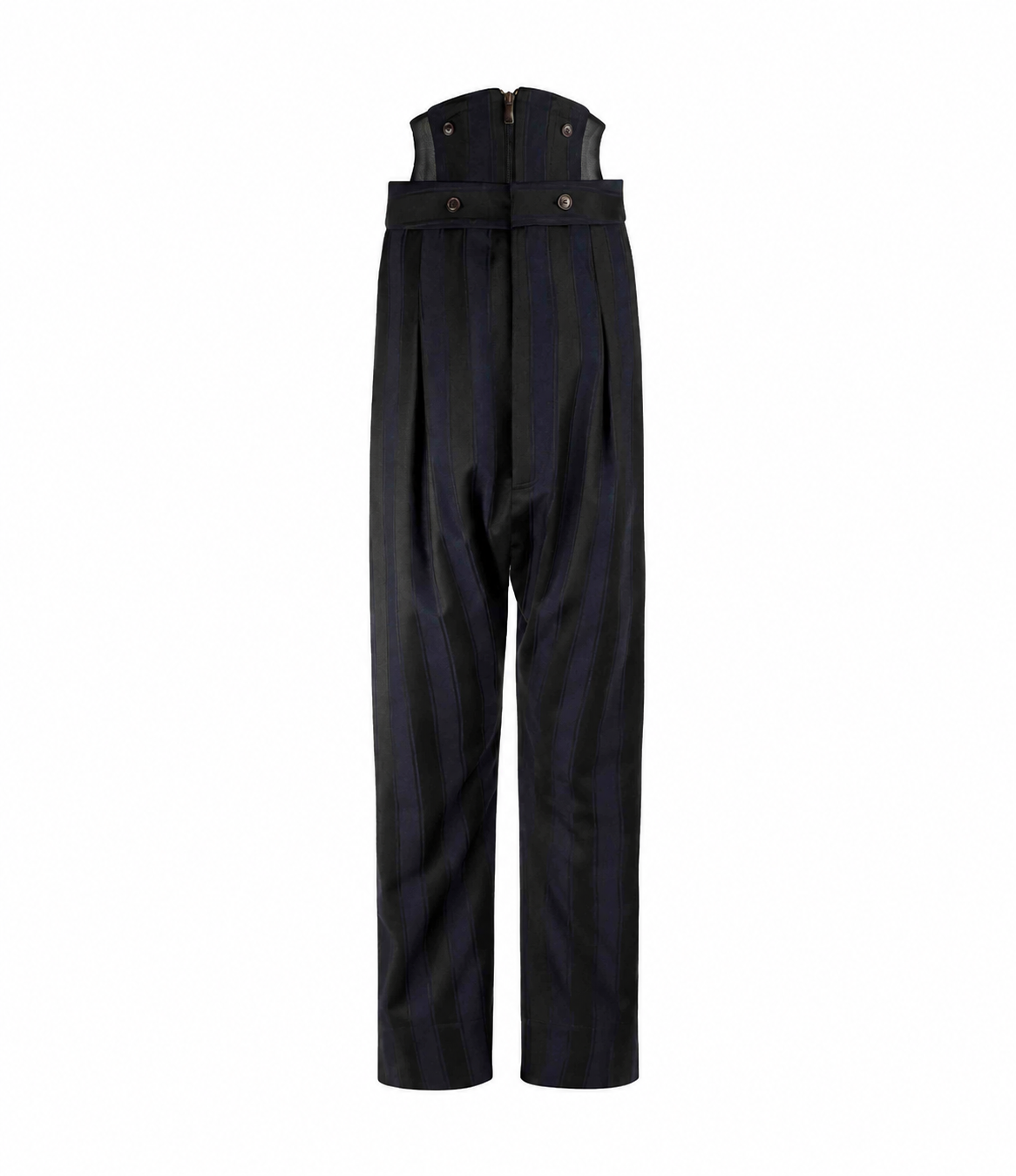 Vivienne Westwood Swing Corset Trousers in Midnight Blue Black with removable high corset waistband, front pleats and vertical satin stripe wool finish