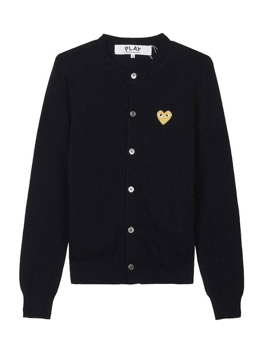 COMME des GARÇONS PLAY Unisex Round-Neck Knit Gold Heart cardigan in black wool, front view with button closure and signature gold heart emblem