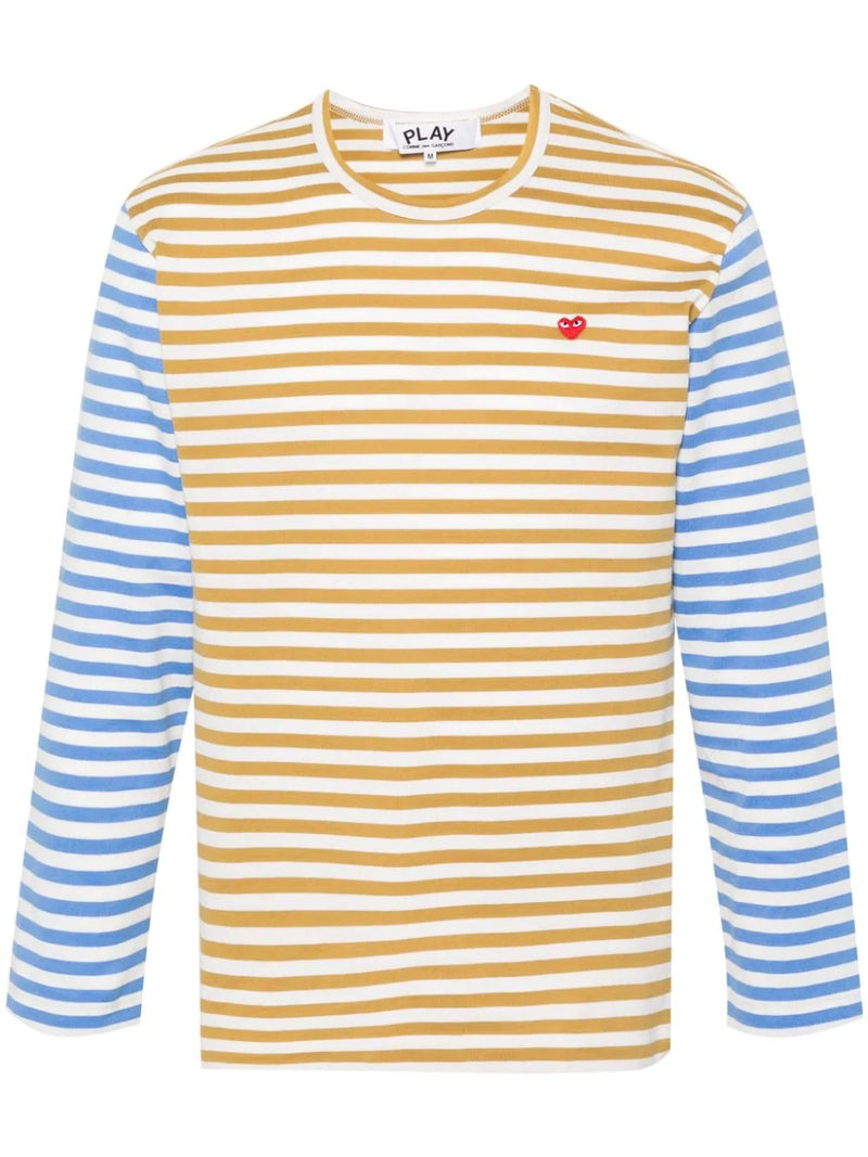 Comme des Garcons Play - mens long sleeve tee bi-colour stripe in olive and blue - 1