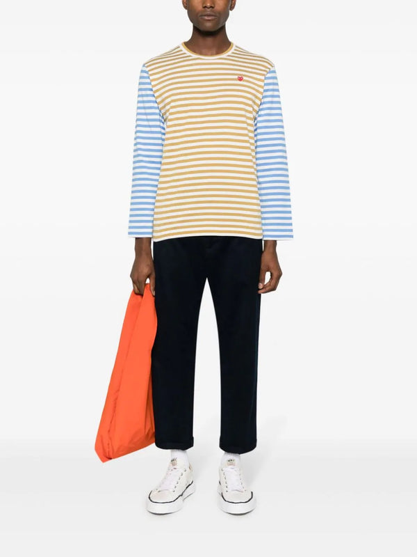 Comme des Garcons Play - mens long sleeve tee bi-colour stripe in olive and blue - 2