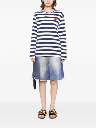 Rhinostone Red Heart Striped T-Shirt in Navy from Comme des Garçons Play