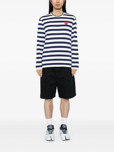 Rhinostone Red Heart Striped T-Shirt in Navy from Comme des Garçons Play