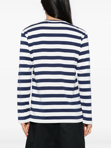 Rhinostone Red Heart Striped T-Shirt in Navy from Comme des Garçons Play