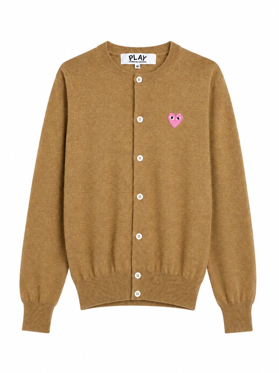 Comme des Garçons Play camel cardigan with pink heart logo