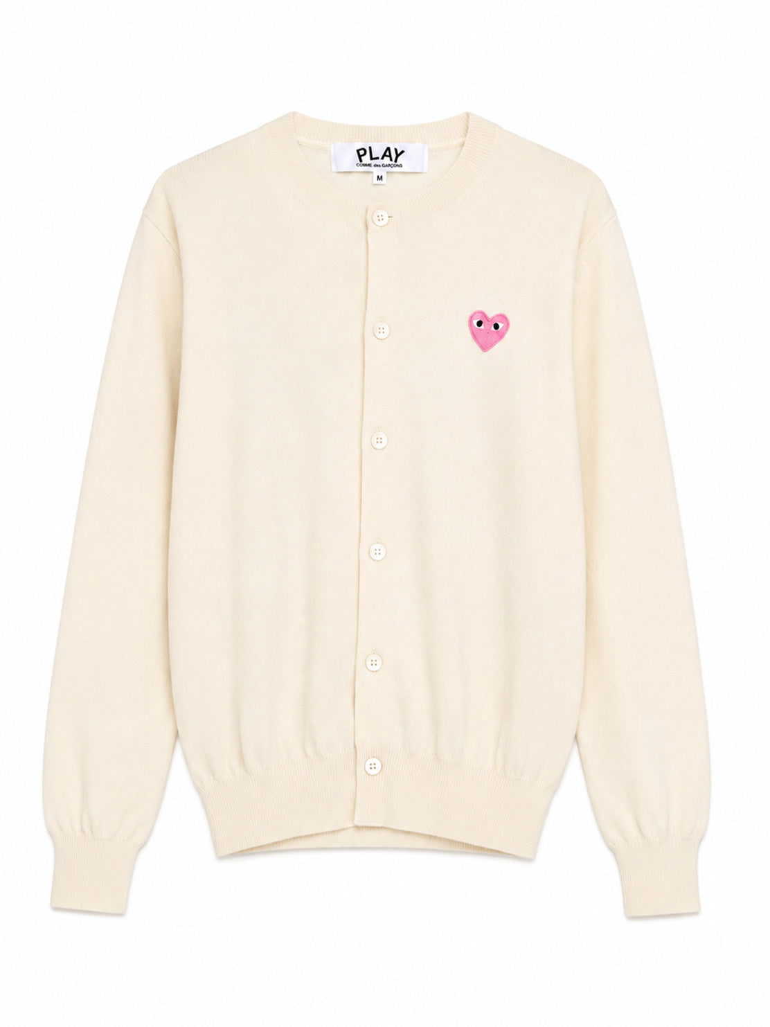 Comme des Garçons Play off-white cardigan with pink heart logo
