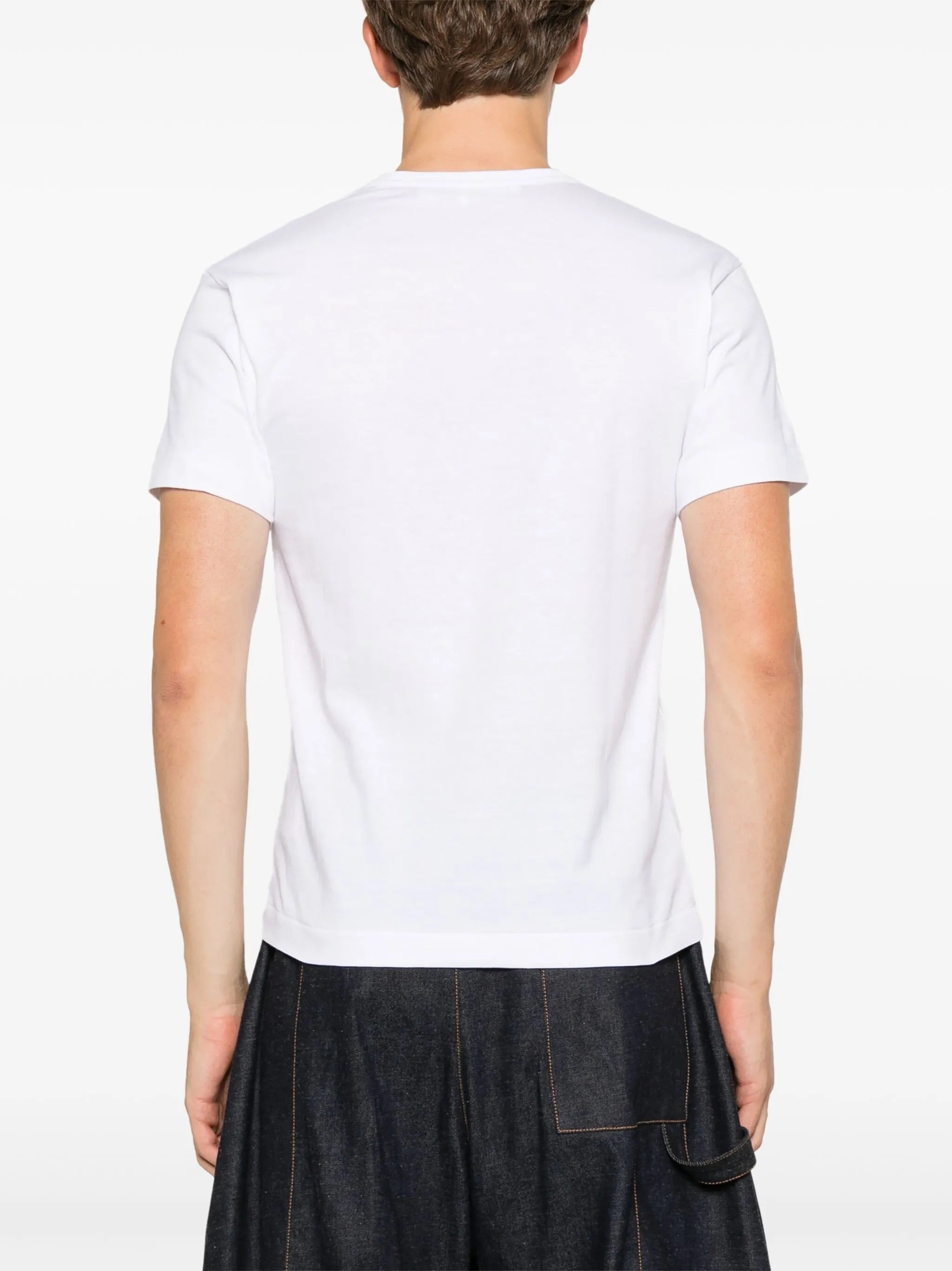 Back view of Comme des Garçons Play white short sleeve T-shirt showing plain cotton jersey back and straight hem