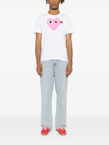 Unisex Short Sleeve Tee Big Pink Heart in White from Comme des Garçons Play