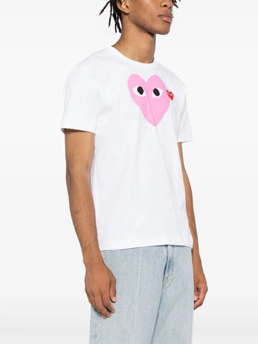 Unisex Short Sleeve Tee Big Pink Heart in White from Comme des Garçons Play