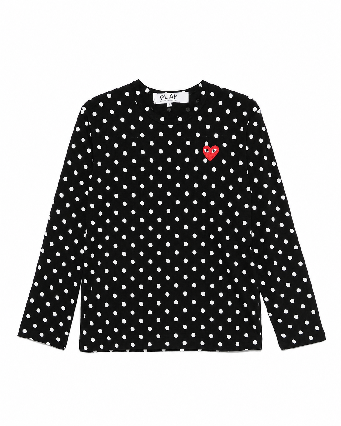Comme des Garçons Play Unisex Polka Dot Long Sleeve Shirt Red Heart in black with white polka dot print and red embroidered heart logo