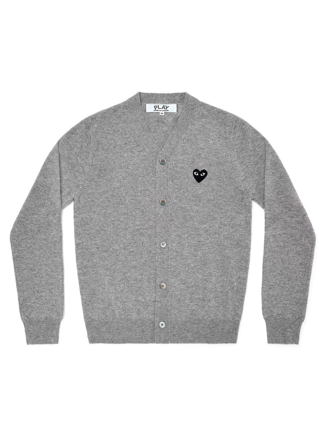 COMME des GARÇONS PLAY Unisex V-Neck Knit Cardigan Black Heart in Light Grey, front product view