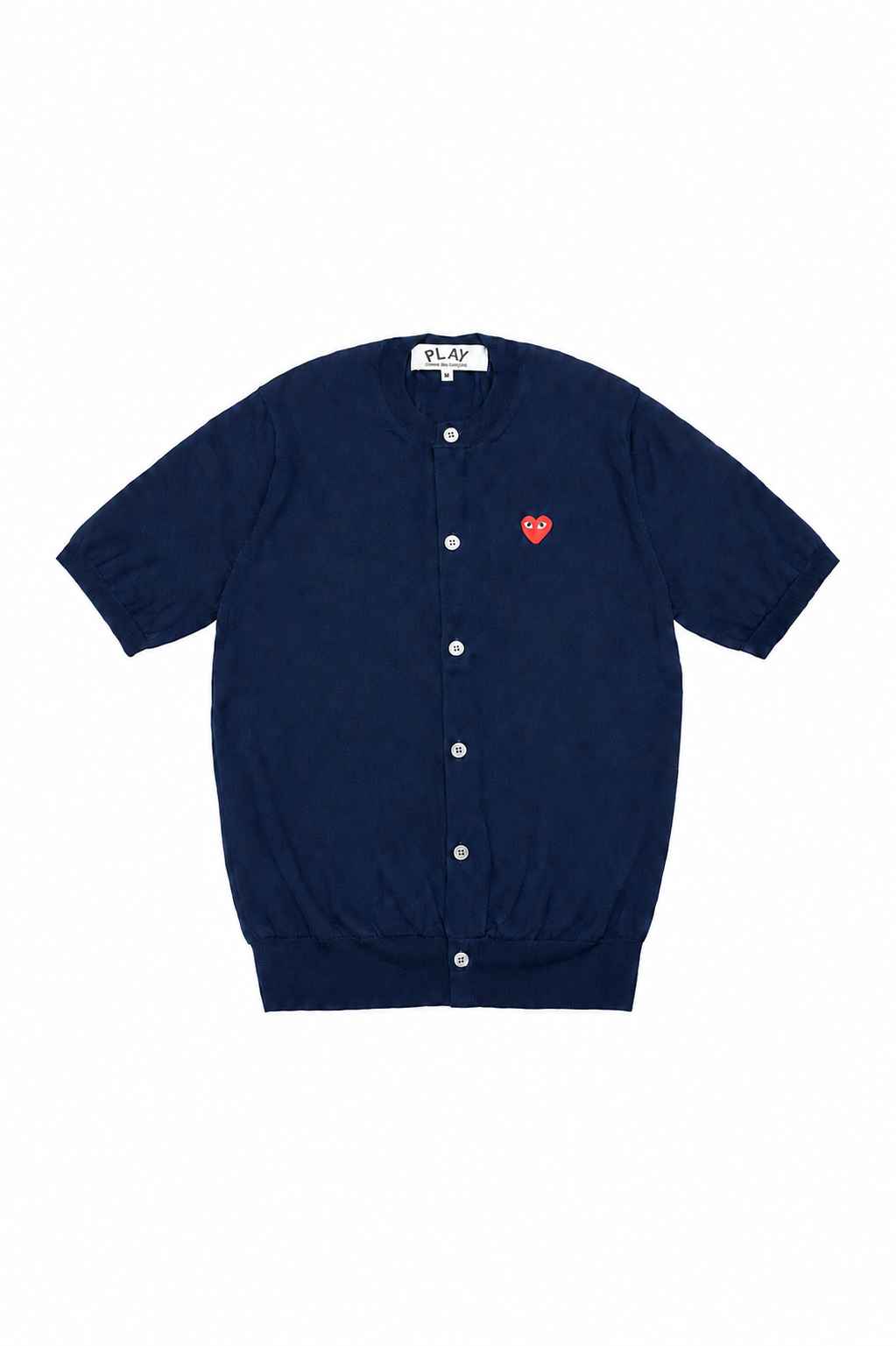 Comme des Garçons Play Unisex Short Sleeve Cardigan Red Heart in navy wool with front button closure and red embroidered heart logo