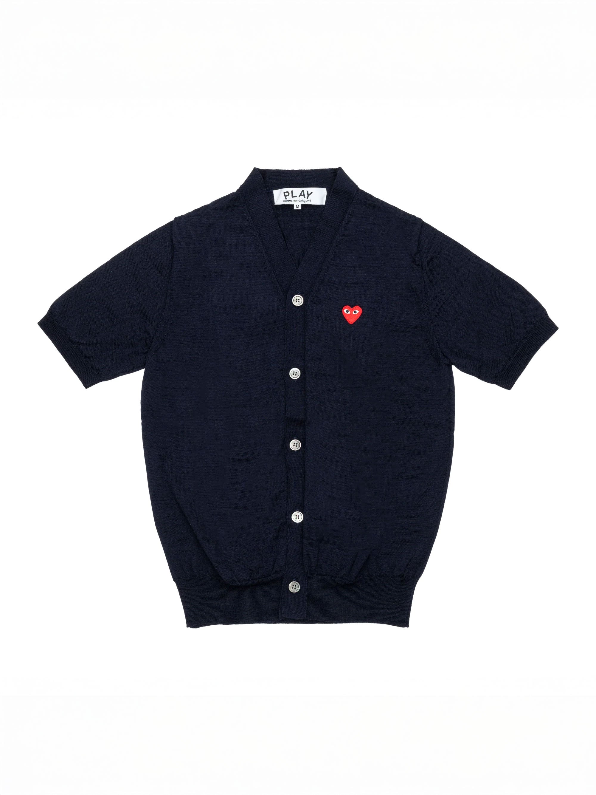 Comme des Garçons Play Unisex Short Sleeve Cardigan Red Heart in navy wool with front button closure and red embroidered heart logo
