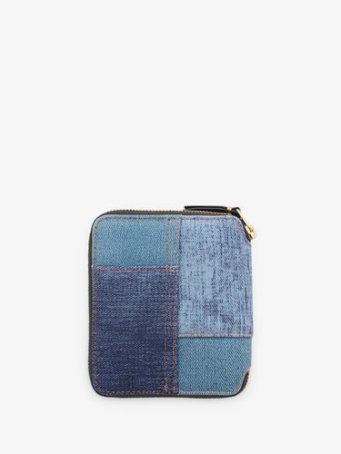 Back view of the SA2100DP Wallet from Comme des Garçons Wallet, with denim patchwork design.