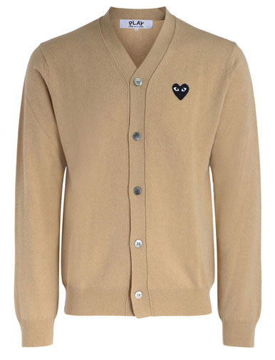1. COMME des GARÇONS PLAY Unisex V-Neck Knit Cardigan Black Heart in Light Camel, front view