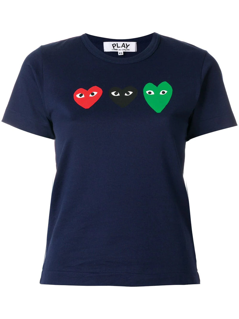 Comme Des Gar ons Women s 3 Heart Graphic T Shirt in Navy