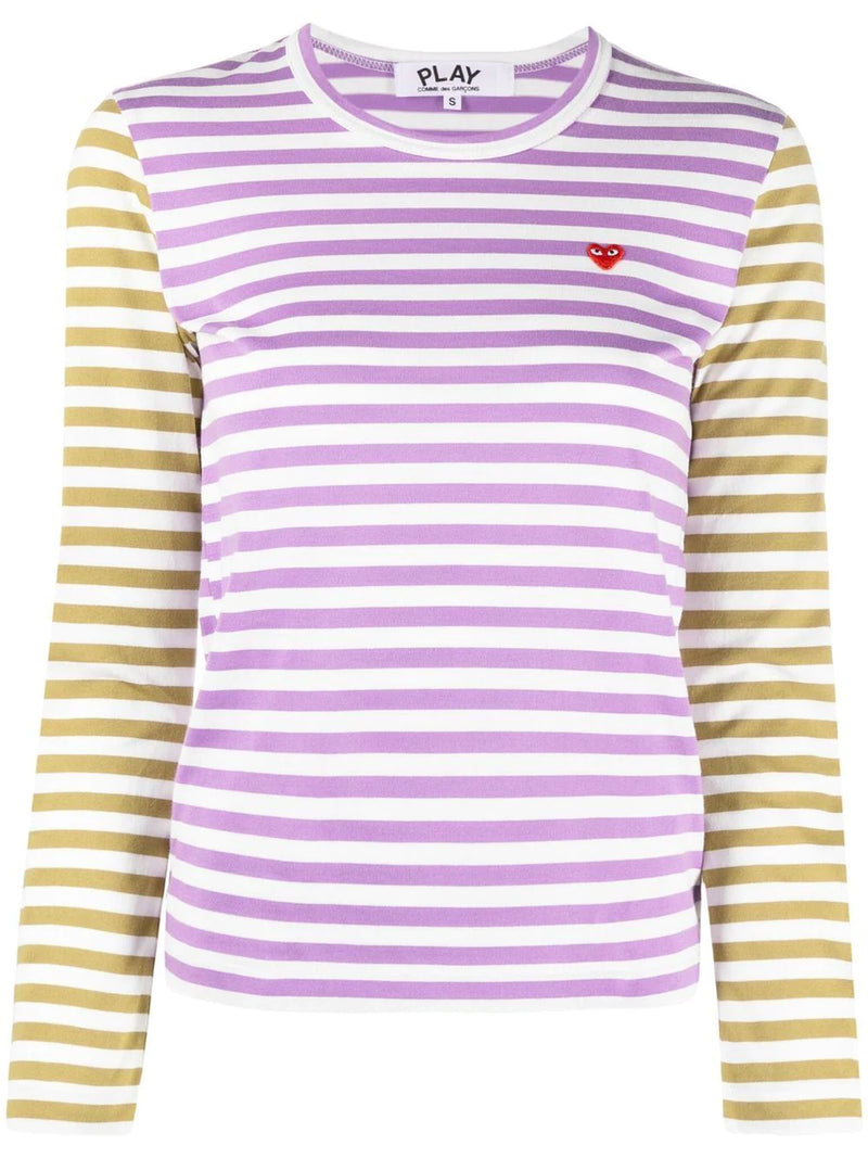 Comme Des Garçons │ Women's Long Sleeves Tee Bi-Colour Striped in Purple/Olive