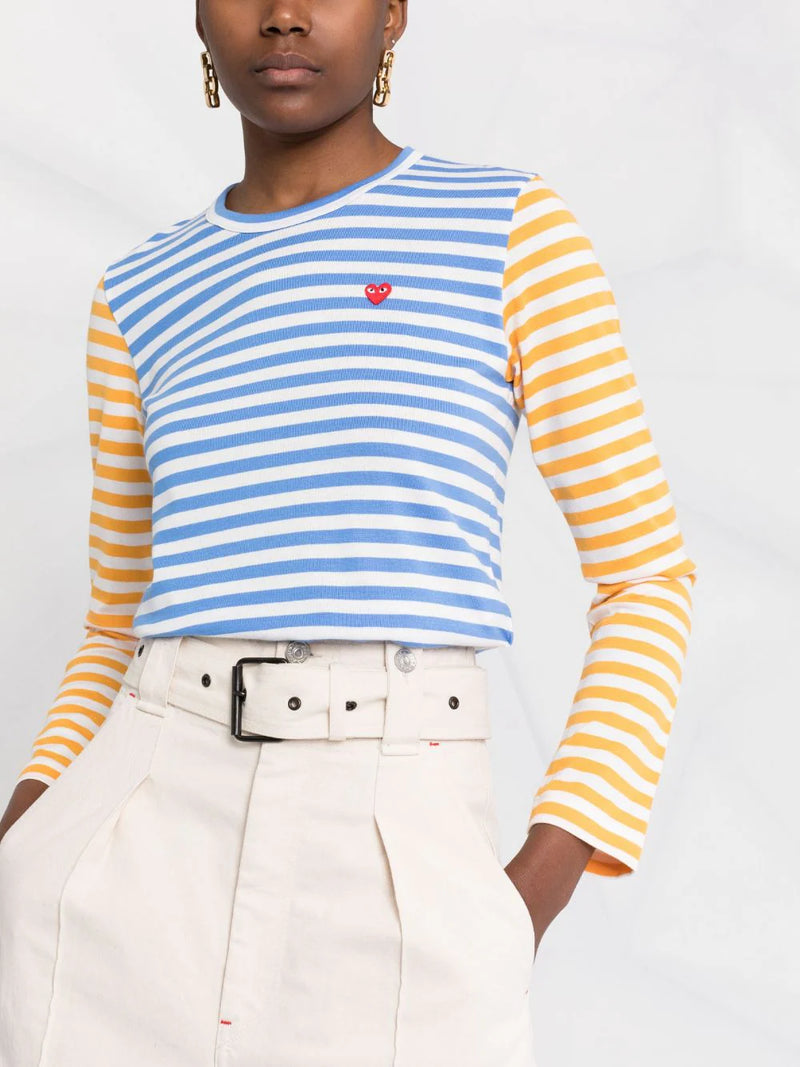 Comme Des Garçons │ Women's Long Sleeves Tee Bi-Colour Striped in Blue/Yellow