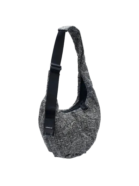 Côte & Ciel Hyco S Tweed in Black & Cream shoulder bag with curved silhouette and adjustable black strap