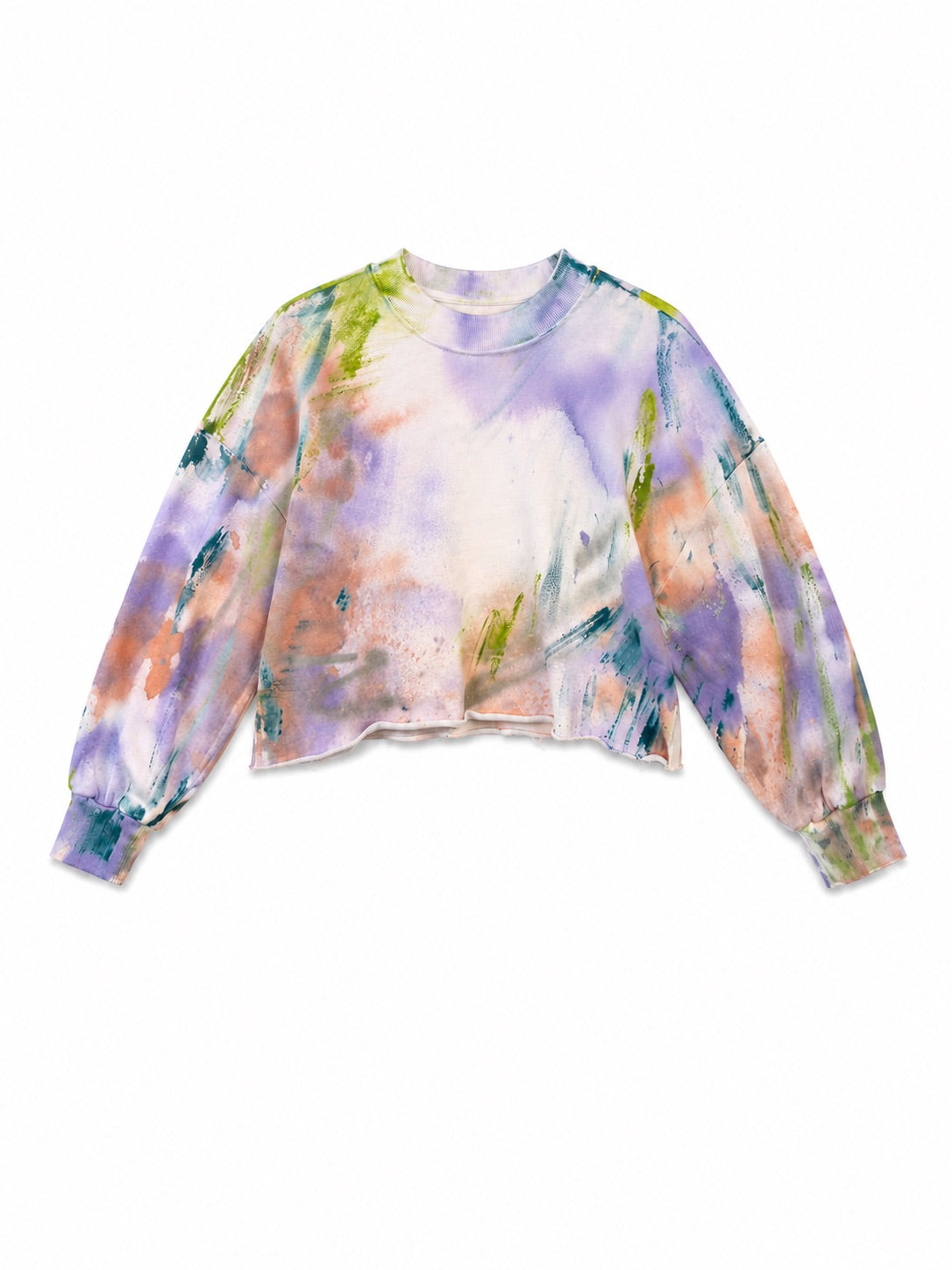 ShouShou Taipei Distressed Sweatshirt in Purple, White and Yellow Paint front view