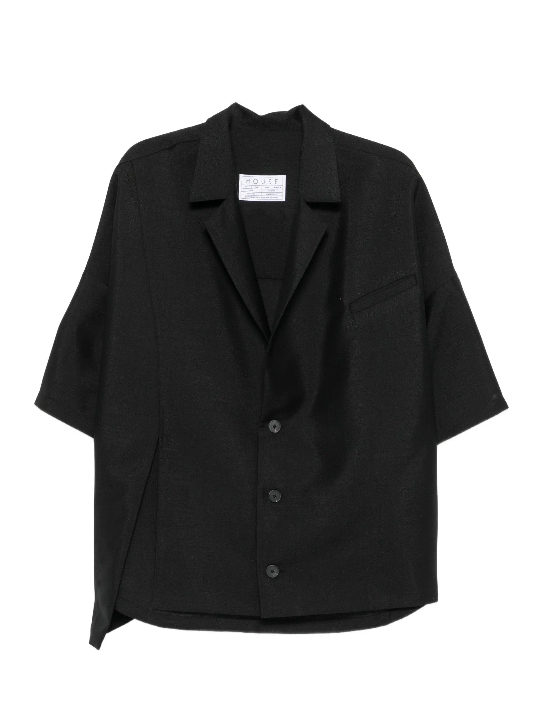 House Of The Very Islands Esra Shirt in Black - flat lay showing oversized mohair wool shirt with notch lapel and front button closure