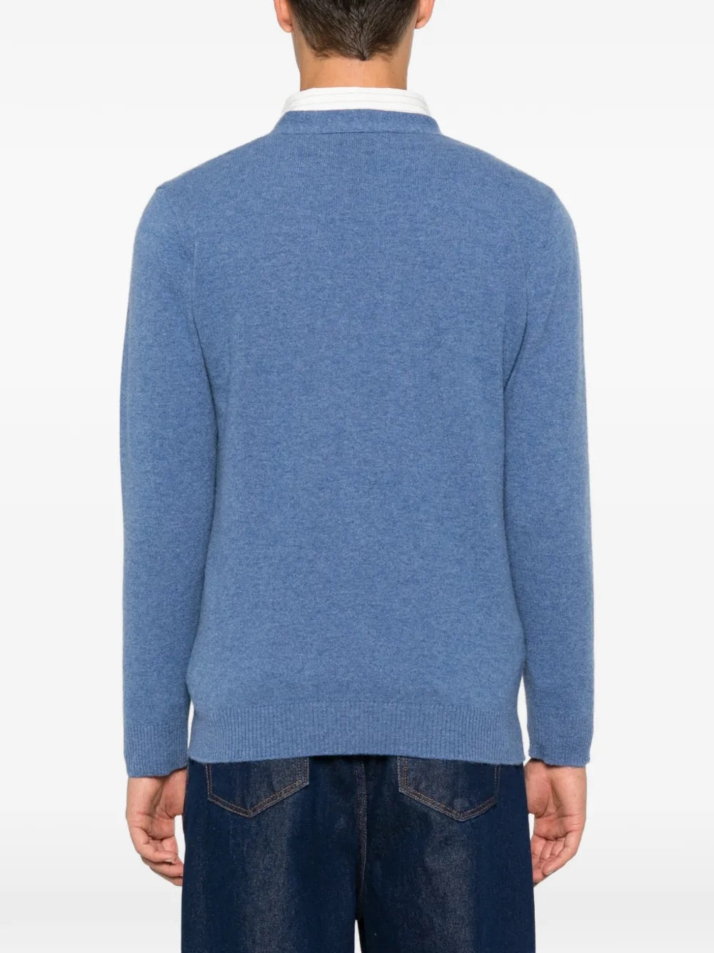 Ka Wa Key "Flamingo Hide-&-Seek" Wool Cardigan in Grandpa's Blue rear view