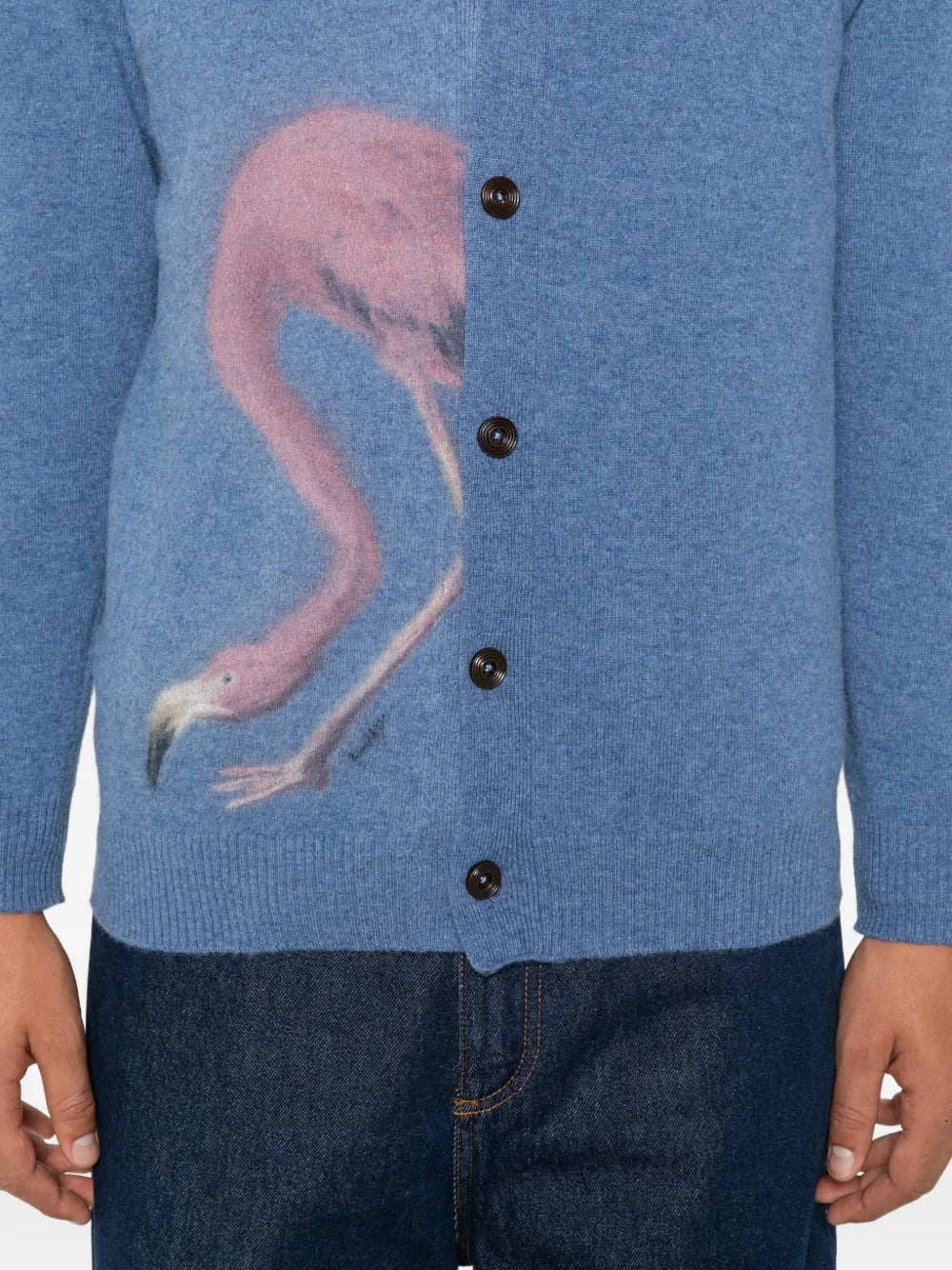 Ka Wa Key "Flamingo Hide-&-Seek" Wool Cardigan in Grandpa's Blue close-up of flamingo motif and button fastening