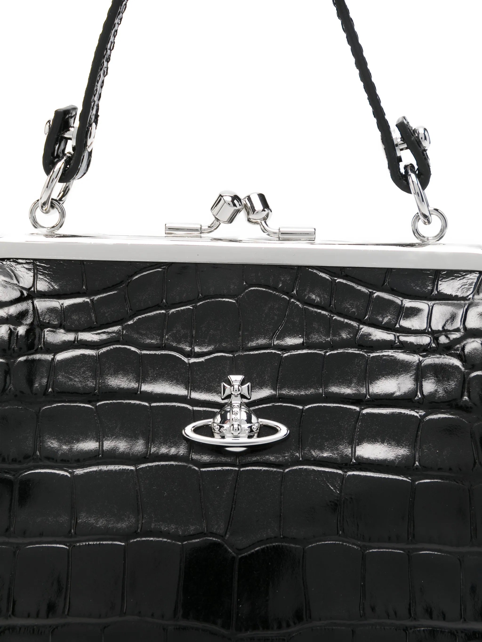 Close-up of Vivienne Westwood Granny Frame Purse featuring orb logo plaque
