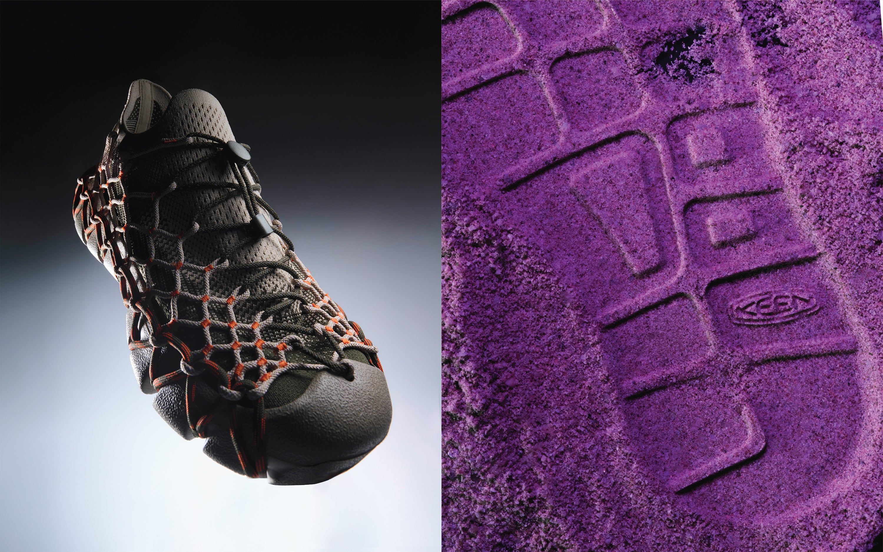 Henrik Vibskov x KEEN UNEEK 360 Sneaker in Brindle Scarlet Ibis - campaign diptych showing sneaker suspended mid-air with orange cord detailing against a dark studio background, alongside a close-up of the KEEN rubber outsole imprinted in purple powder