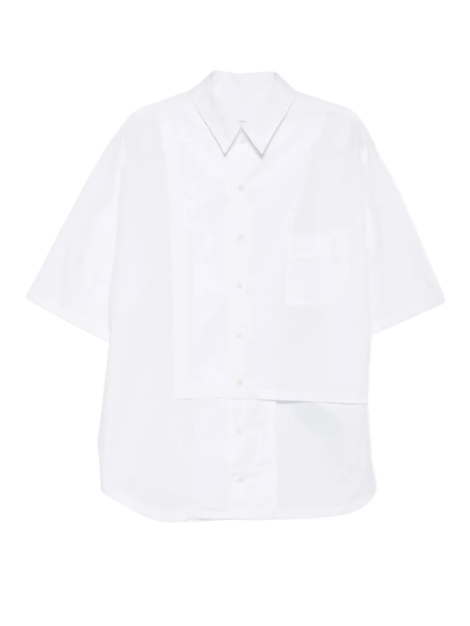 House Of The Very Islands Harley Asymmetric Shirt in White - flat lay showing organic cotton shirt with asymmetric seam, classic collar and chest patch pocket