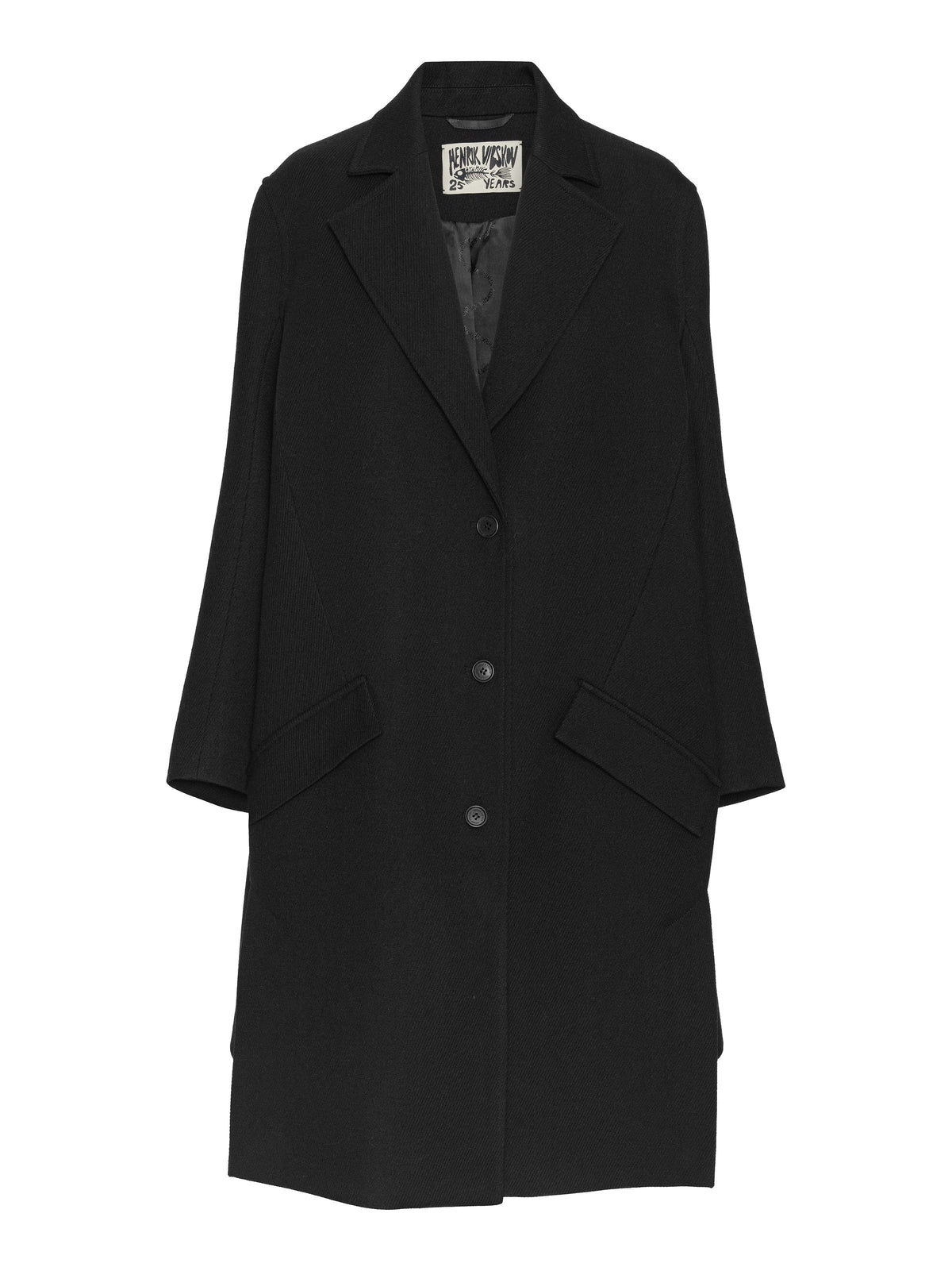 Henrik Vibskov 3D Coat in Black with longline silhouette, wide notch lapels, three-button front and angled pockets. ID: ARCHIVE-F602