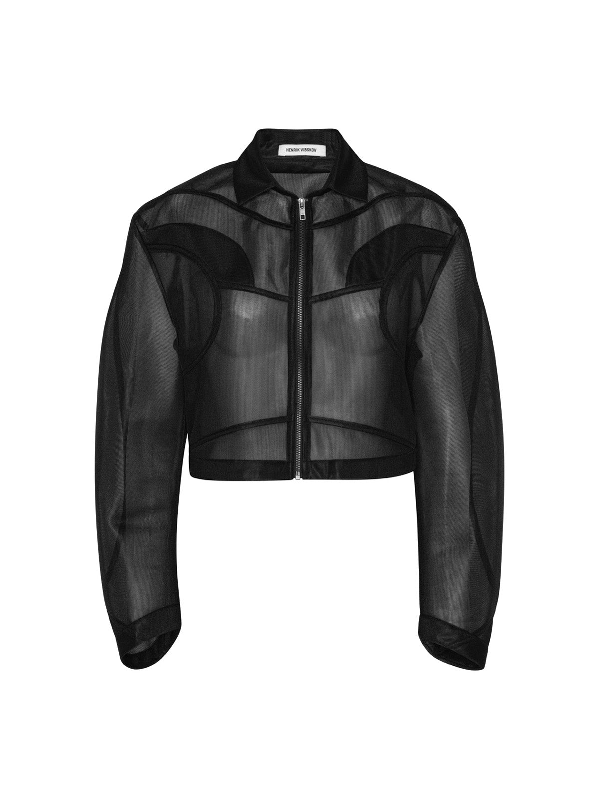 Henrik Vibskov Abstract Frog Blouse in black, sheer mesh cropped jacket with zip front, front flat lay
