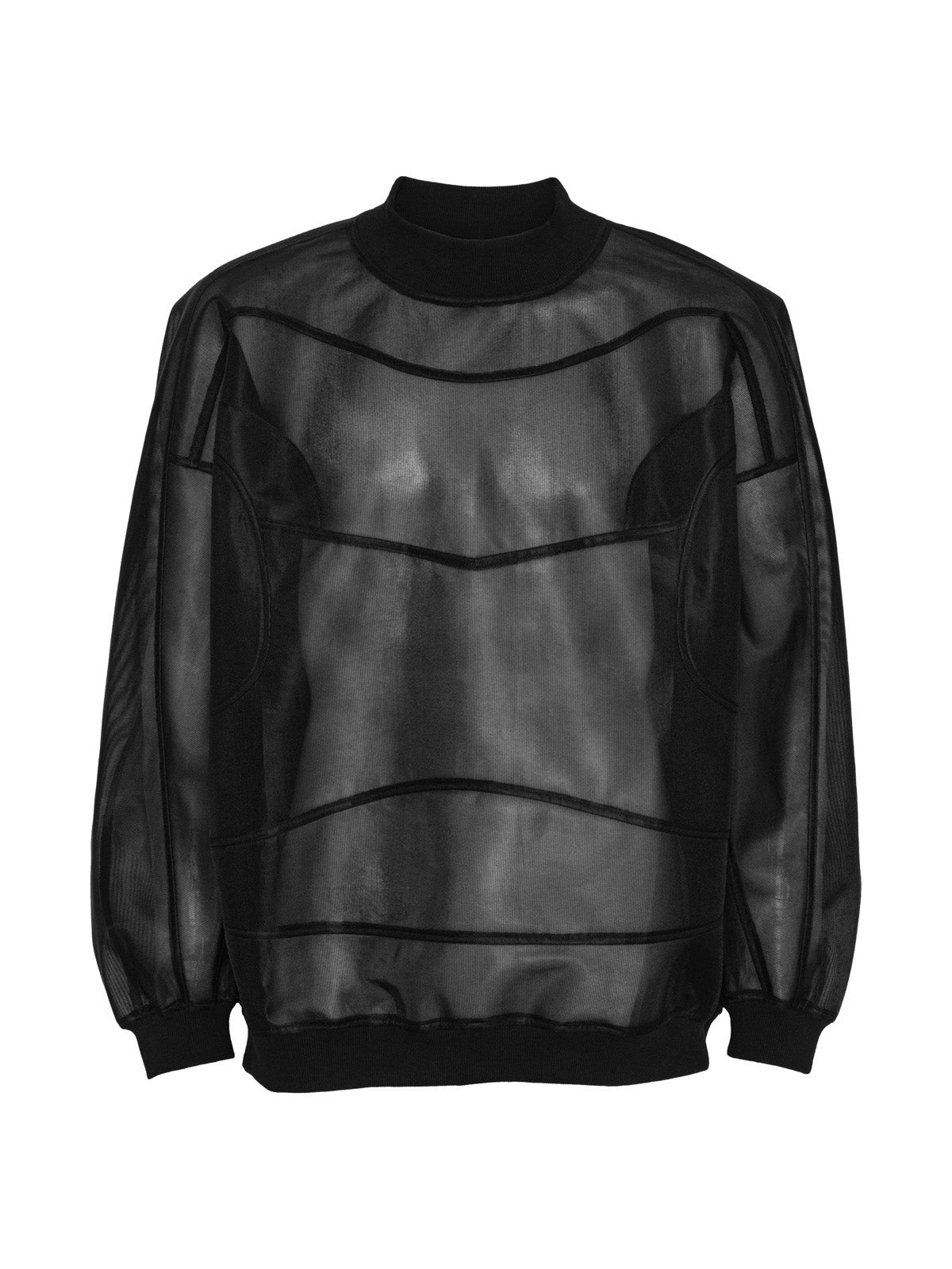 Henrik Vibskov Abstract Frog Top Black, flat lay front, sheer black mesh sweatshirt with horizontal seam detailing and ribbed mock neck
