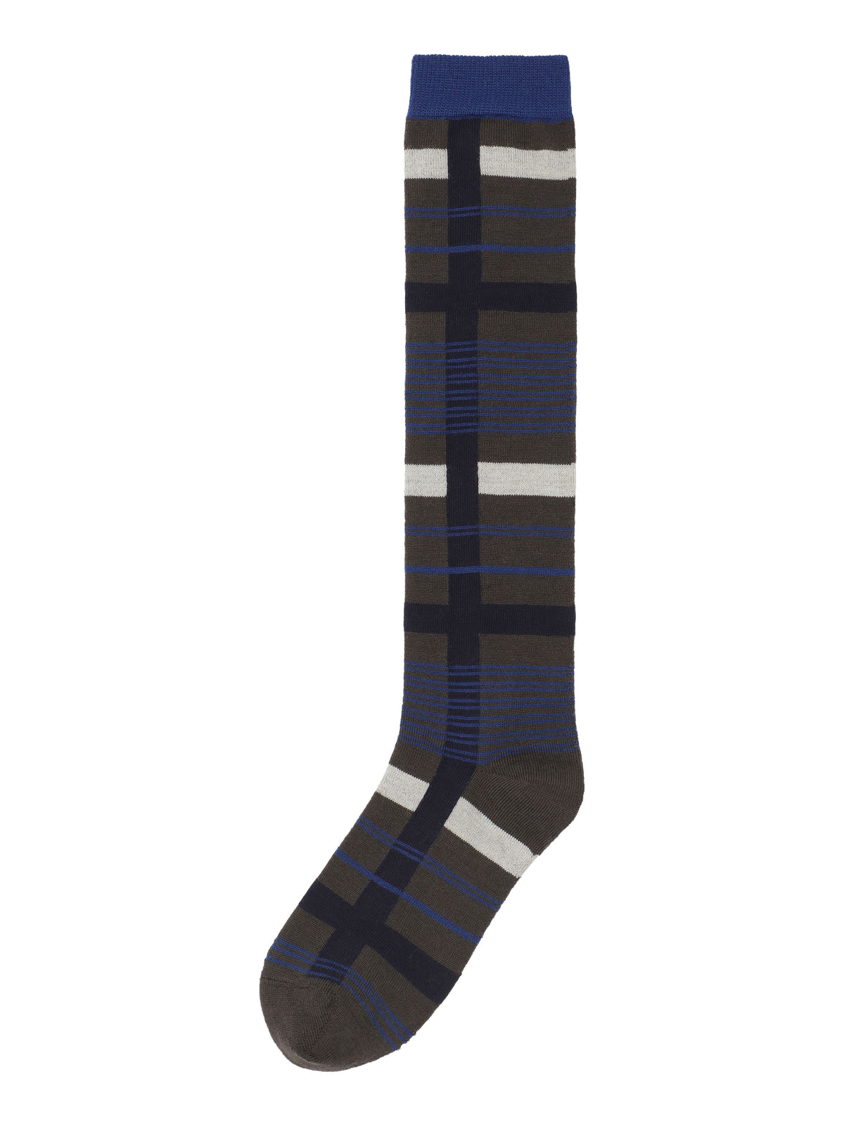 Henrik Vibskov Archive Socks in Black Blue Archive with knee-high length, check pattern, blue ribbed cuff and reinforced toe and heel. ID: ARCHIVE-S908