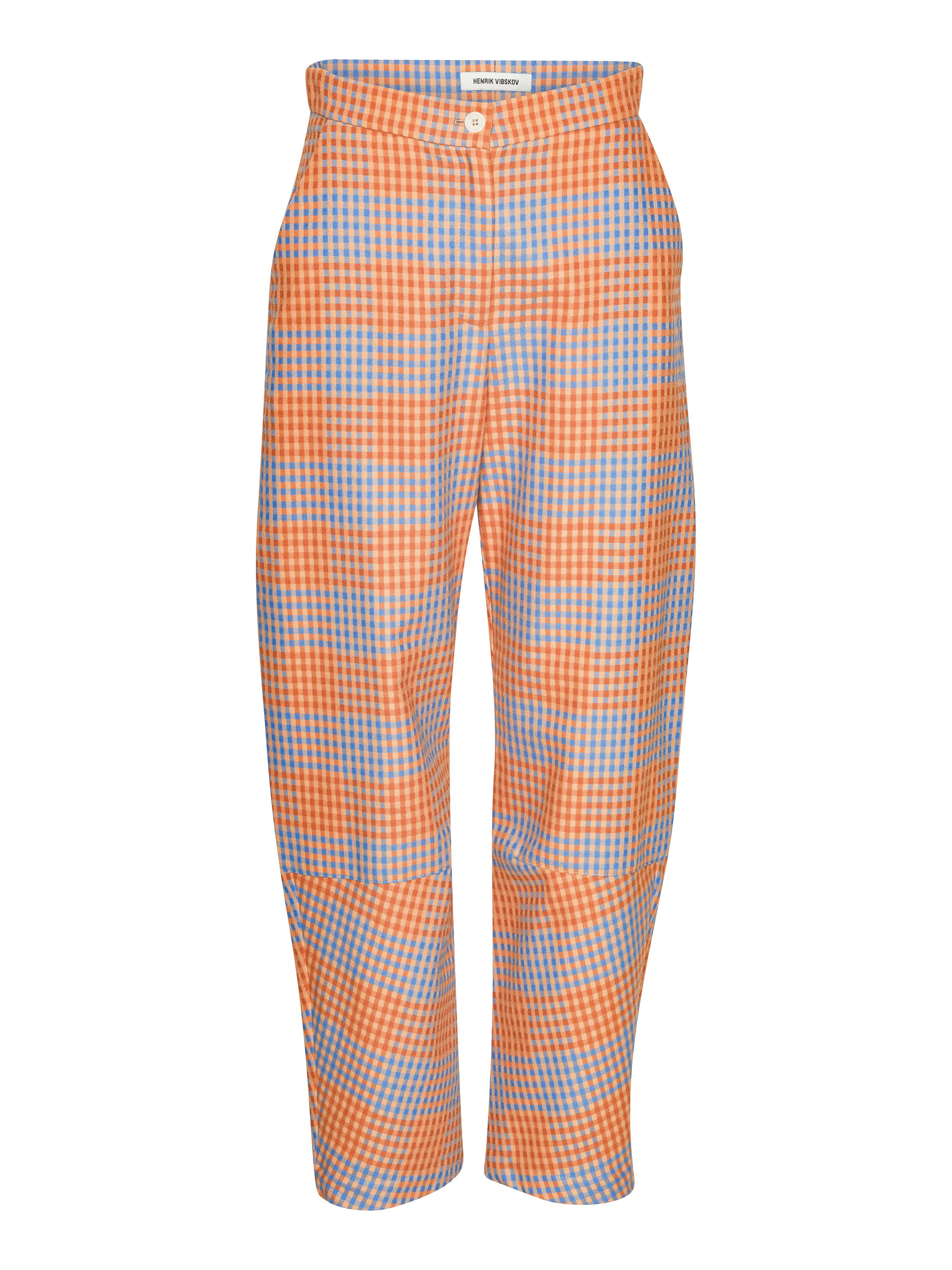 Orange and blue checkered pants on a white background