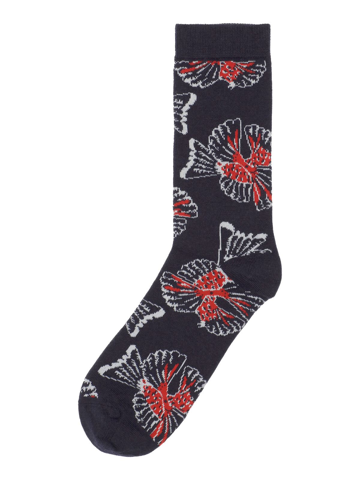 Henrik Vibskov Birdy Socks Anniversary in Navy Red Birdy with mid-calf length, ribbed cuff and all-over bird motif.