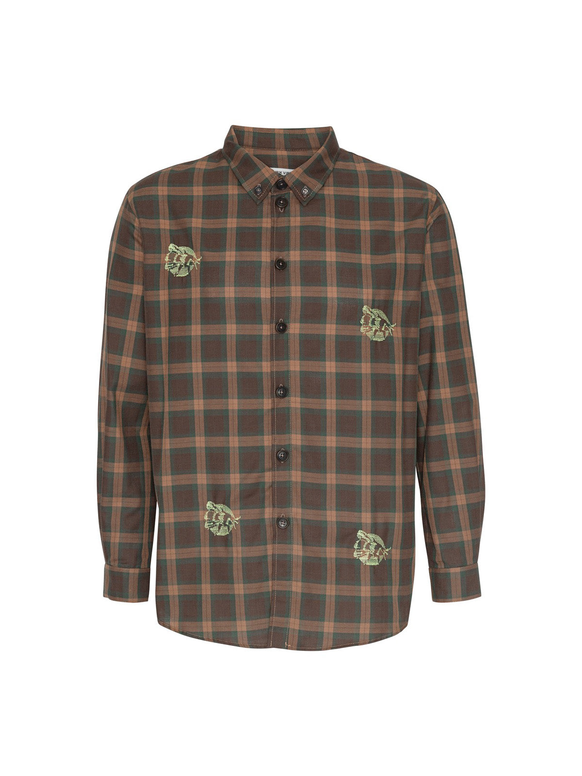 Henrik Vibskov Block Shirt Brown Cotton Checks, flat lay front, brown green and orange check shirt with embroidered motif at chest
