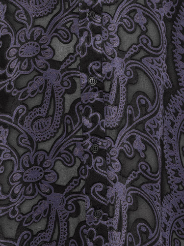 Close-up of the Block Shirt highlighting the dark purple semi-transparent Victorian Burnout texture and front button closure.